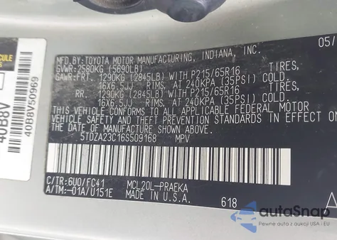 2006 Toyota Sienna Le z USA, uszkodzony, nr VIN 5TDZA23C16S509168